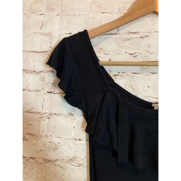 Free People Top Womens Small Black Raw Hem Ruffle Ribbed Whimsy Goth Stretch - Picture 4 of 13